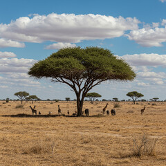 African Savanna Landscape with Scattered Trees and Wildlife in 8k resolution.