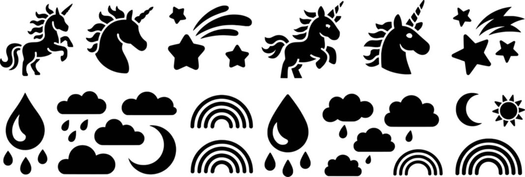 Black silhouette mythical creatures and weather elements collection unicorn vector