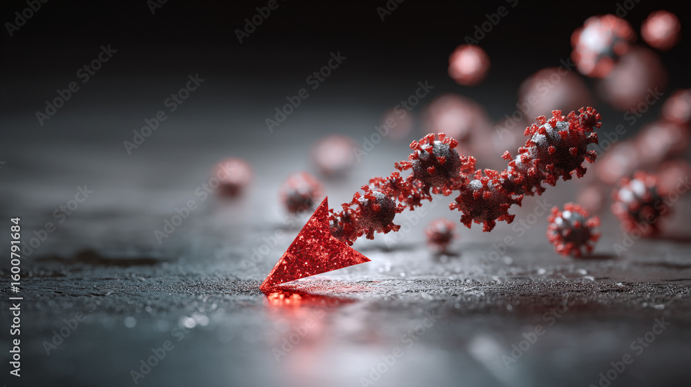 Aufkleber red arrow pointing down with coronavirus cells on a dark surface indicating a decline of the pandemi