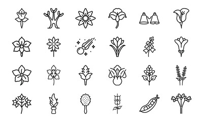 Collection of 24 Minimalist Flower and Botanical Icons in Black Line Art Style on White Background – Simple, Elegant Silhouette Floral Vector Set for Nature, Garden, Spa, Organic, and Eco Design Proje