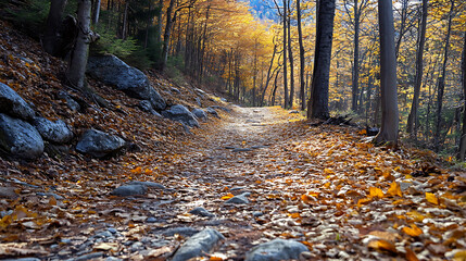  A quiet mountain trail with leaves scattered in midjourney