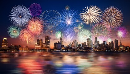 vibrant multicolored fireworks display over city skyline at night