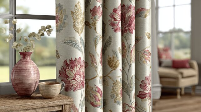 Elegant floral pattern drapes against a light beige backdrop.