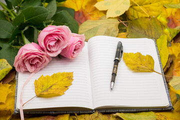 A serene autumn setting with pink roses, an open notebook, and fallen leaves captures a moment of...