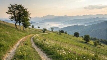 Obraz premium Winding dirt path through lush green mountain landscape at sunrise