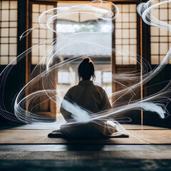 spiritual energy flowing like calligraphy around
