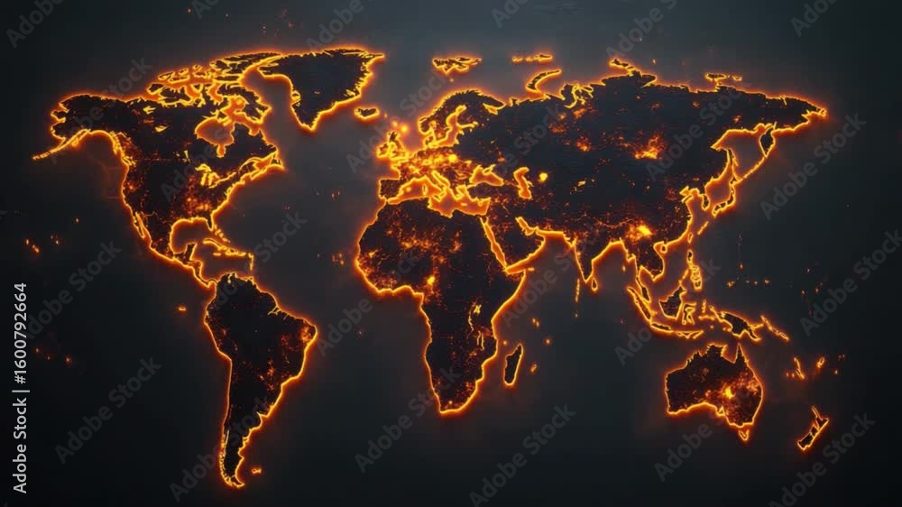 Poster illuminated world map with fiery glow representing global connectivity and geographic diversity 4k v