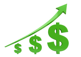 3D green dollar signs with upward arrow isolated on transparent background