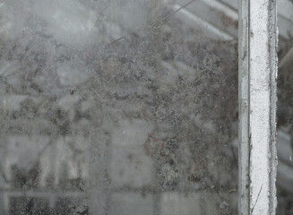Close-up of a dirty, weathered window with peeling paint and foggy glass. Grimy surface obscures...