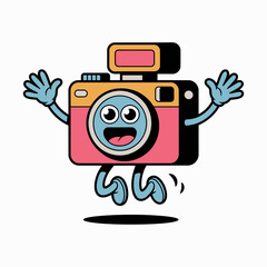 Happy cartoon camera character jumping with joy isolated on white background