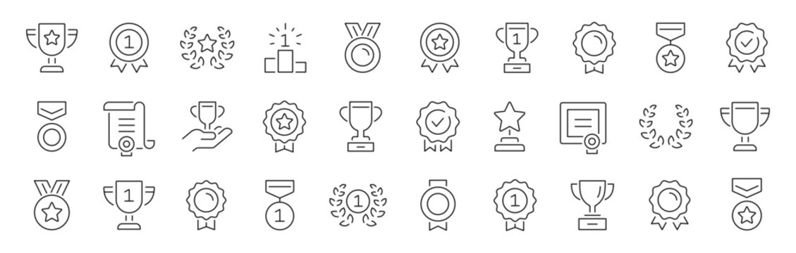 Award thin line icons set. Trophy cup, medal, awards, achievement, winner, prize icon. Editable stroke. Vector
