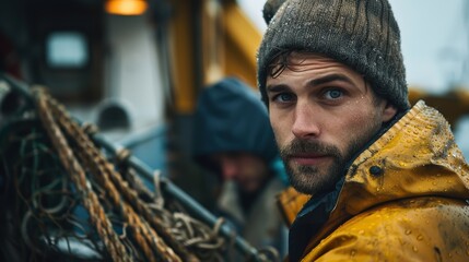 A dramatic portrait of a rugged fisherman with an intense gaze, wearing a yellow raincoat in a downpour. His weathered face and determined expression capture the harsh reality of life at sea