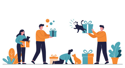 People with Pets and Gifts Illustration.