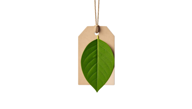 Green Leaf Attached To Brown Tag With String Against Transparent Background - Powered by Adobe
