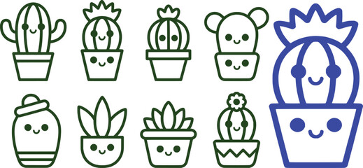 Cute potted cacti and succulent plants collection cactus green