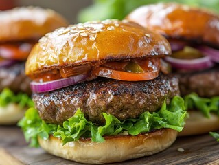 Close-up of three gourmet mini burgers