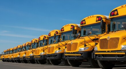 Fleet of Yellow School Buses Lined Up Under Blue Sky