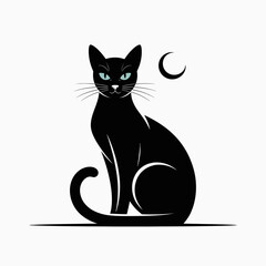 Obraz premium Mysterious black cat sitting with crescent moon isolated on white background