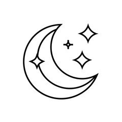 Minimalist Line Drawing of Crescent Moon with Scattered Four-Pointed Stars in Black and White