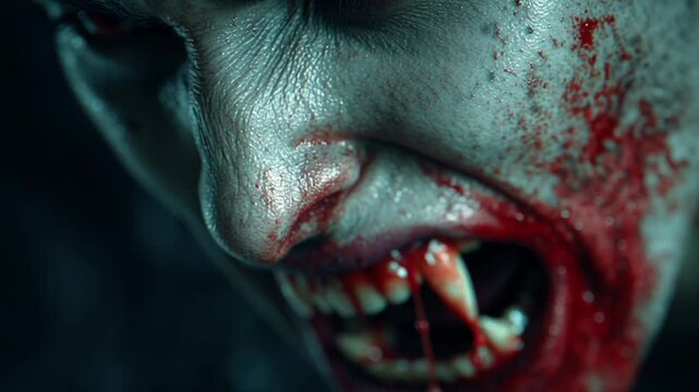 Close-Up of Snarling Vampire with Blood-Stained Fangs and Pale Skin