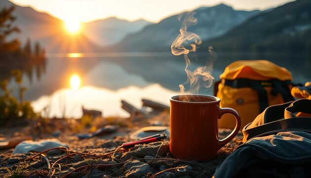 Sunrise illuminates a steaming coffee mug beside a tranquil lake, camping gear nearby,  vacation,  content - Powered by Adobe