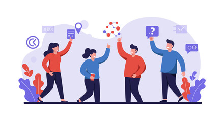 Group of People Collaborating with Communication Icons.