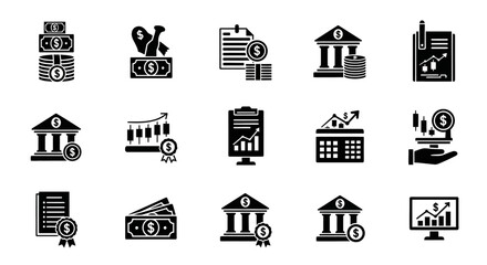 Black and White Financial Icons Representing Banking and Finance.