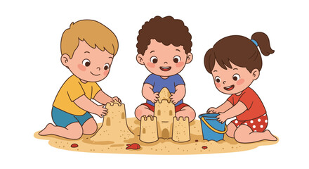 Three Children Building Sandcastles Together at Beach.