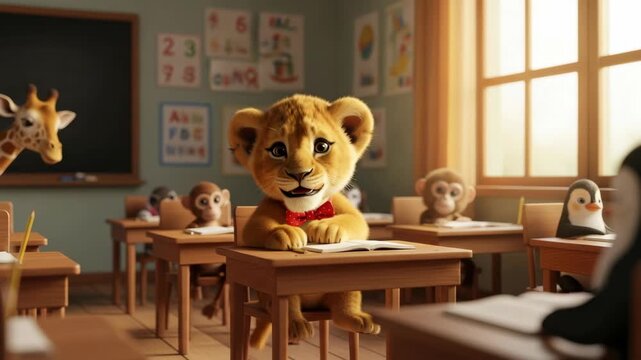 Adorable Lion Cub in a Sunny Classroom with Other Animals