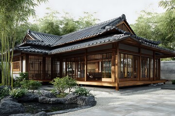 **Sharp-Angle Photorealistic Capture Of A Japanese Zen-Style Villa, Viewed From Front-Left To Fully Show The Layout And Roofing. The House Features Dark Wood Slats, Shoji-Style Sliding Doors, And A Ra