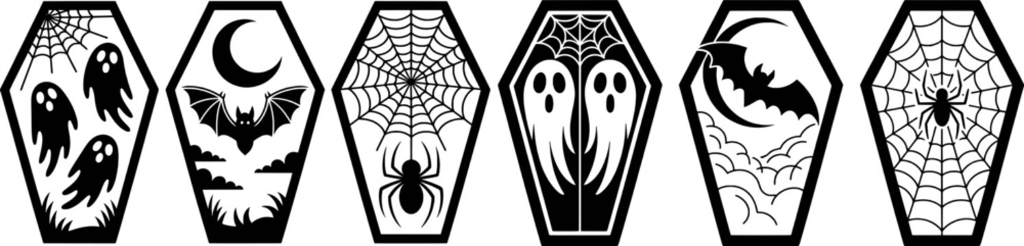 Halloween coffin icons featuring ghosts bats spiders and cobwebs vector