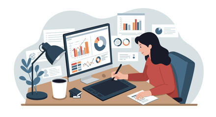 Woman Working at Desk with Computer and Charts.