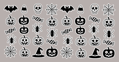Halloween icons featuring pumpkins bats spiders skulls candy and witch hats vector