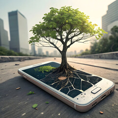 tree growing out of a broken phone nature vs tec