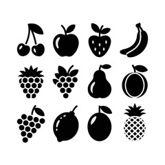 Collection of black fruit icons isolated on white background