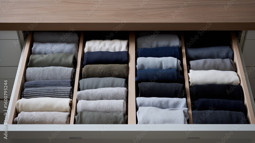 Poster drawer filled with neatly folded clothes in multiple colors, demonstrating effective organization.