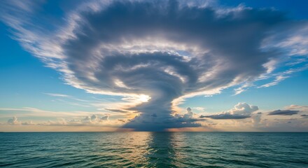 Dramatic mushroom cloud formation over the ocean at sunset