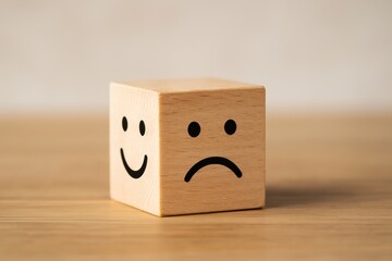Emotional Decision-Making Wooden Cube with Happy and Sad Faces on Wooden Surface Soft Background Mental Health Concept