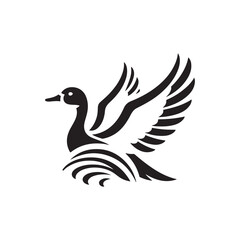 Obraz premium Stylized black silhouette of a goose or duck in flight with water ripples