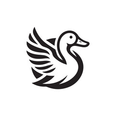 Obraz premium Stylized black and white illustration of a duck with wings spread in a simple graphic design