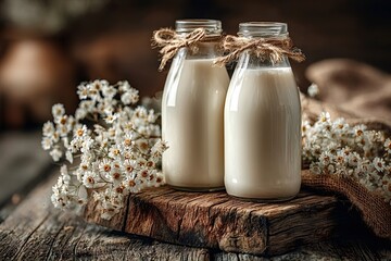 Two glass milk bottles, tied with twine, sit on a rustic wooden board, accompanied by delicate white flowers and a burlap cloth, creating a charming still life