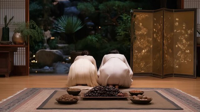 A Korean couple celebrates their union with a traditional Pyebaek ceremony, dressed in authentic attire.