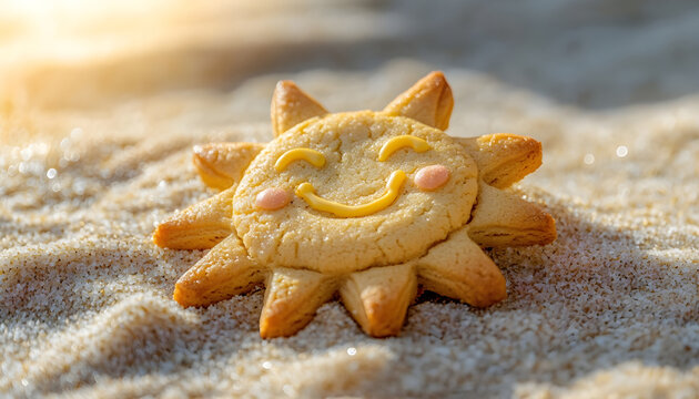 A cheerful sun-shaped cookie rests on a sandy surface, creating a playful and warm summer vibe, evoking feelings of joy and relaxation