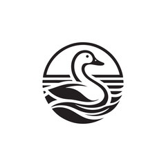 Obraz premium Artistic black and white circular logo design featuring a graceful swan swimming on wavy water