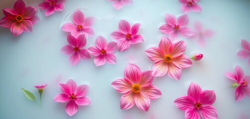 Fototapeta premium Vibrant blooms adrift in milky bath, pastel hues, floating, close-up