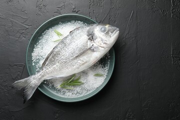 Organic seafood. Fresh raw dorado fish, salt and rosemary in bowl on black table, top view. Space...