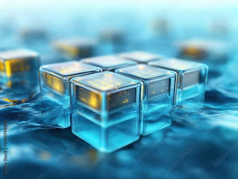 Poster transparent digital cubes with glowing yellow circuits float on a blue, water-like surface, symboliz