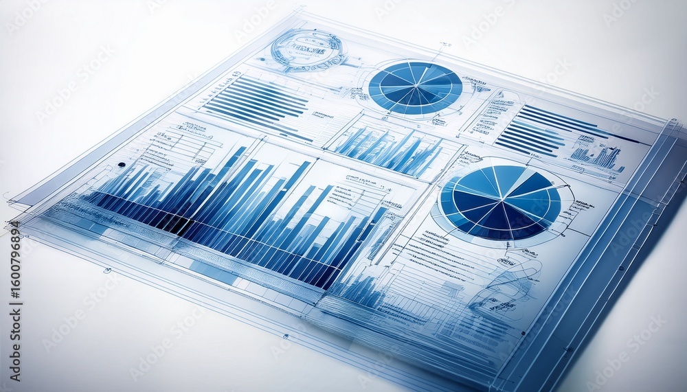 Poster the blueprint of equity featuring overlapping transparent blueprints with diverse symbols and graphs