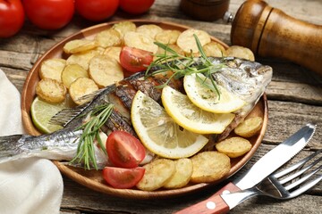 Tasty roasted dorado fish served with potatoes, tomatoes and lemon on wooden table, closeup. Homemade seafood dish