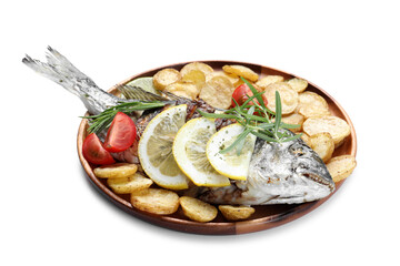 Tasty roasted dorado fish with potatoes, tomatoes and lemon isolated on white. Homemade seafood dish